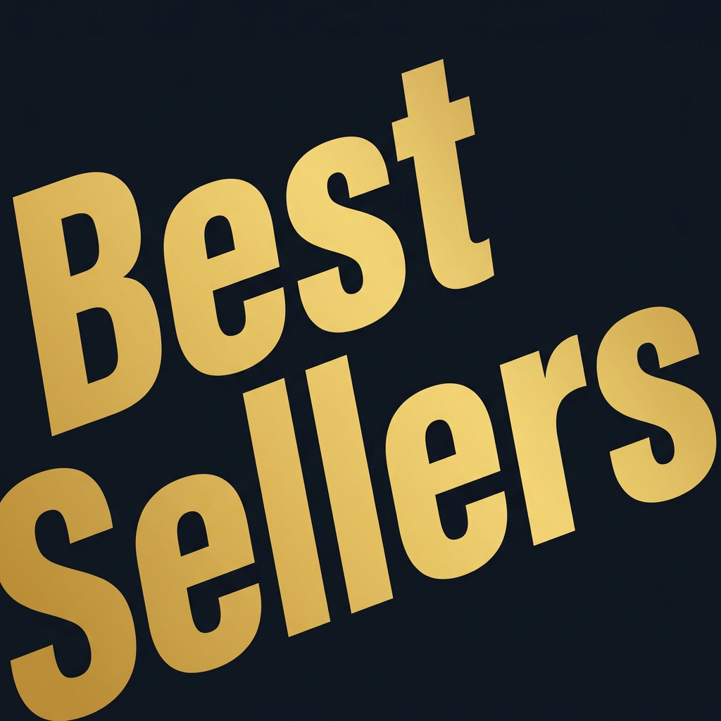 Bold gold Best Sellers lettering diagonally across dark navy