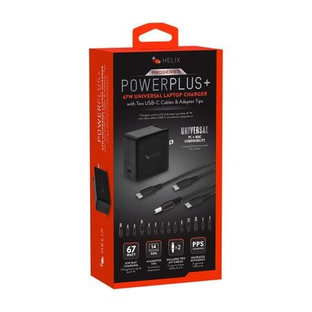 HELIX APPLE/PC LAPTOP CHARGER 65W 14 Tips + 6 inch USB-C Cable Black