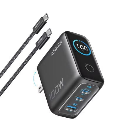 CHARGEUR MURAL ANKER 100W À 3 PORTS PD GAN USB-C/USB-A AVEC AFFICHAGE INTELLIGENT NOIR