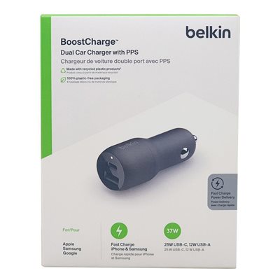 BELKIN 37W DUAL USBC/USB A CAR CHARGER BLACK