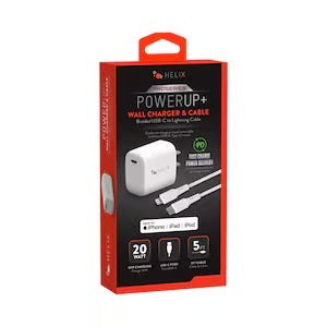 HELIX 20W PD USB-C WALL CHARGER WITH USB-C TO LIGHTNING CABLE