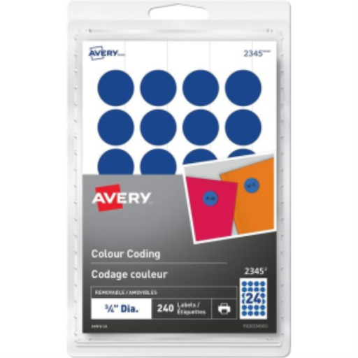 2345 Étiquettes de codage couleur amovibles Avery® pour imprimantes laser et jet d'encre, ¾" bleues / Amovibles