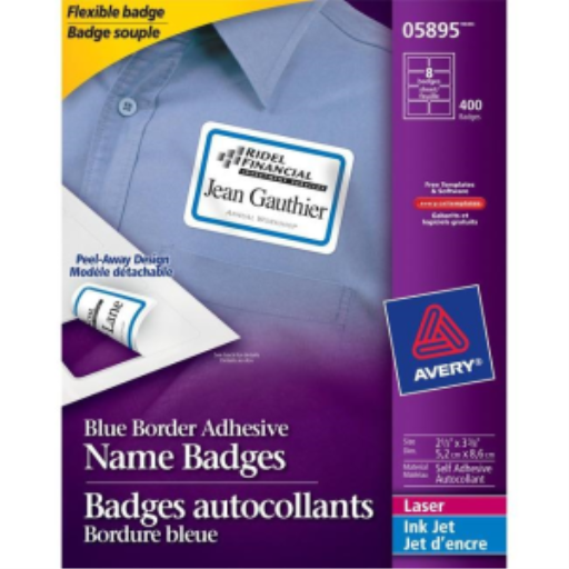 ÉTIQUETTES DE BADGE, BORD BLEU 3 3/8" X 2 1/3", 50 FEUILLES