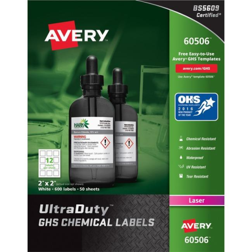 Étiquettes industrielles ultra résistantes Avery pour imprimante laser 5 x 5 cm, permanentes, blanches, 50 feuilles/boîte, 600 étiquettes/boîte