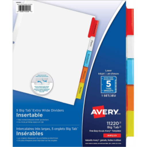 INTERCALAIRES À GRANDS ONGlets INSERTIBLES, 5 ONGLET, 1 JEU, EXTRA LARGES