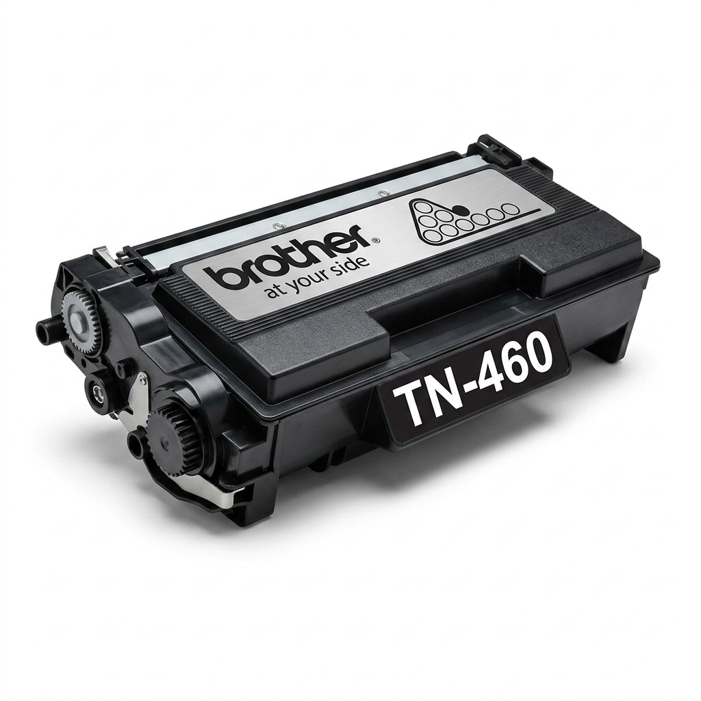 A clean, high-resolution product photograph of the Brother TN-460 black toner cartridge, showcasing its specific shape, materials, and labels against a pure white background.