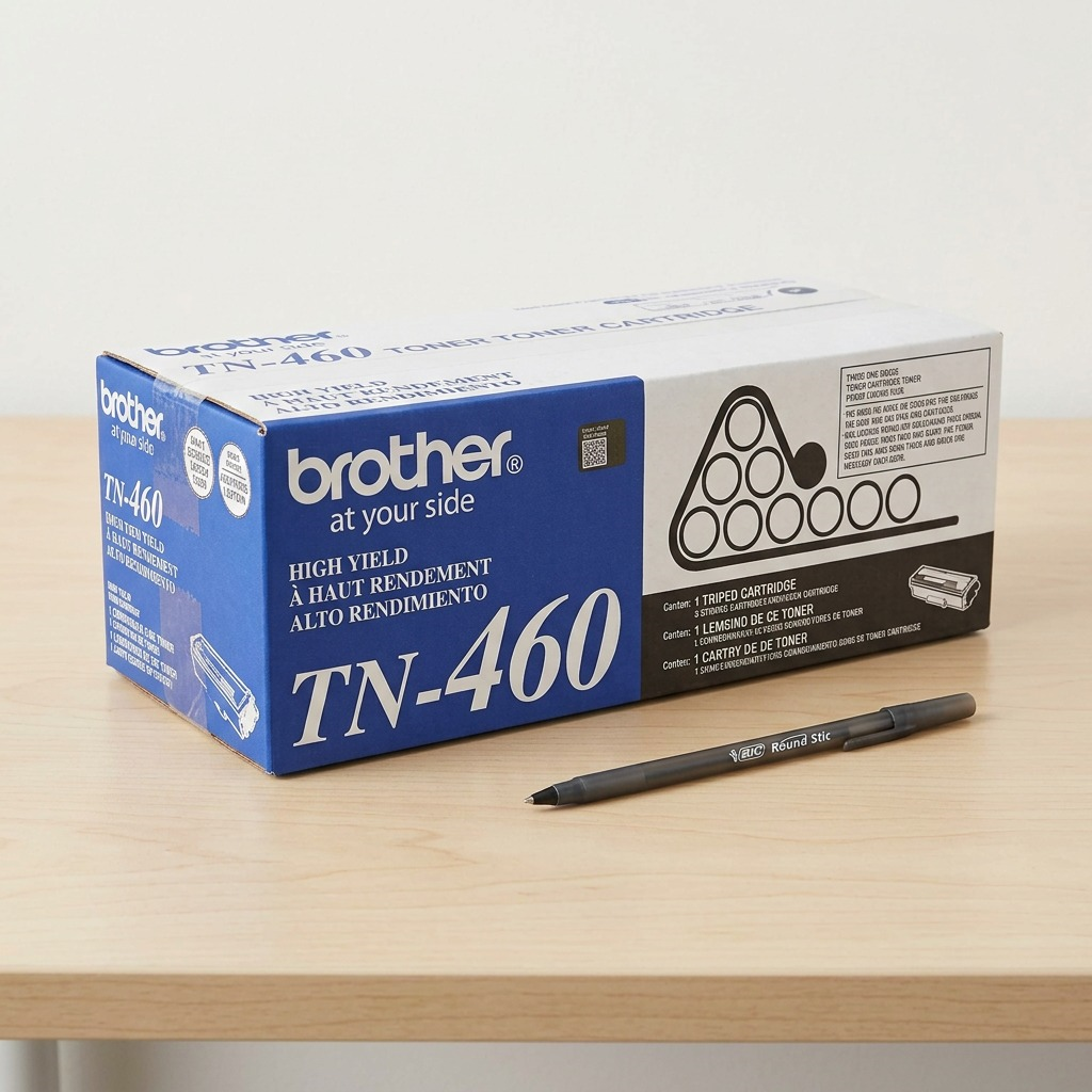 Alt-text: A realistic comparison image of the Brother TN-460 toner cartridge box and a standard pen.