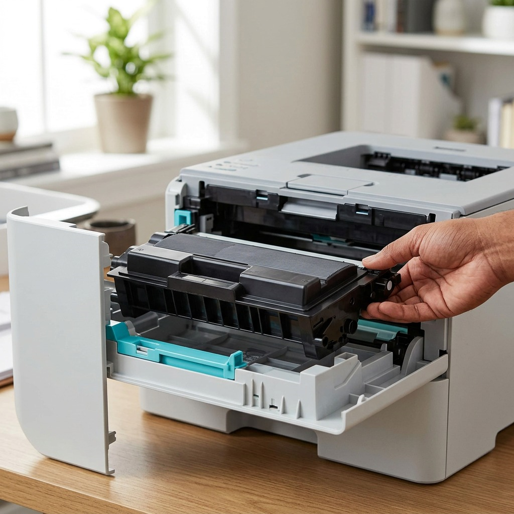 A person installing a black toner cartridge, resembling the TN460 from its packaging, into a laser printer.