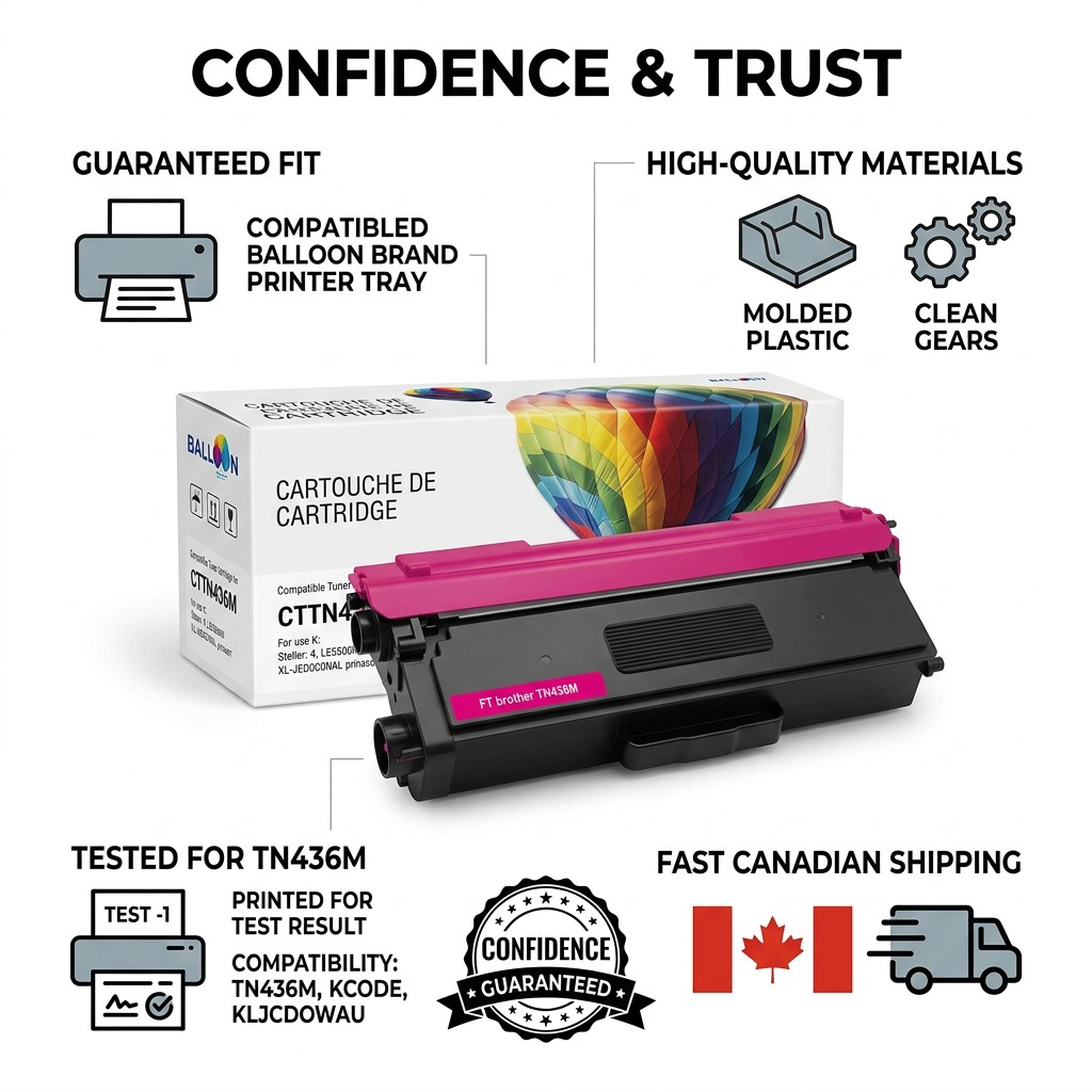 Balloon Brand CTTN436M compatible magenta toner cartridge infographic with factual trust and quality cues.