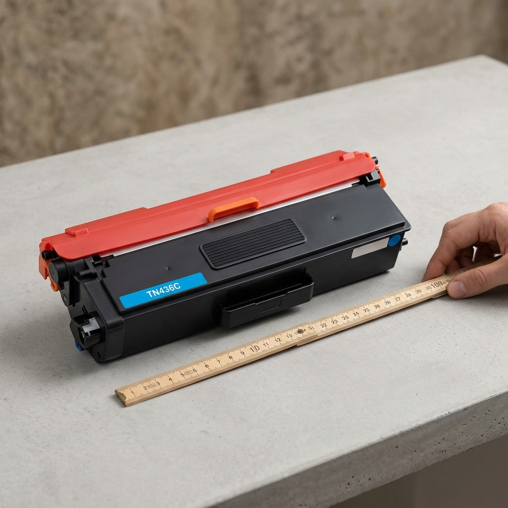 A photo of the CTTN436C toner cartridge held in a person's hands to show scale.