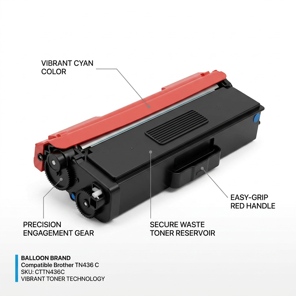 Product feature callout graphic for Balloon Brand TN436 C cyan toner cartridge.