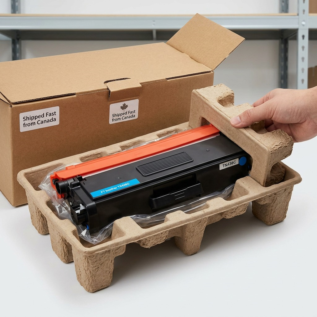Carton view of a complex toner cartridge snug in its protective cradle with unboxing foam.