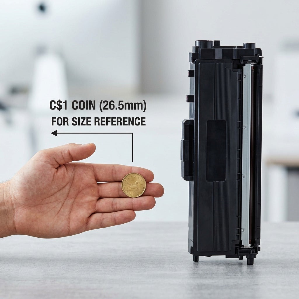 Brother TN436M magenta toner cartridge shown next to a C$1 coin in a hand for scale reference.