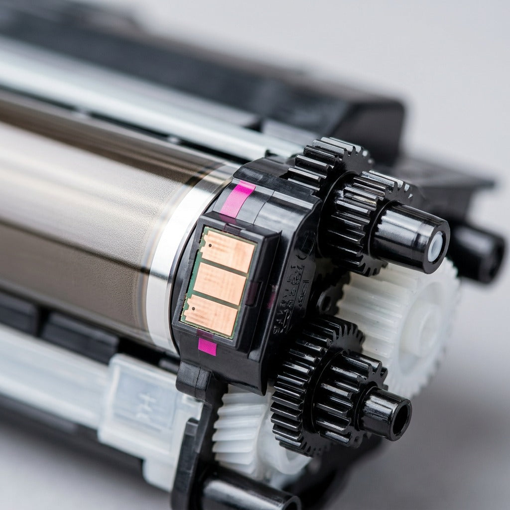 Macro detail of a Brother TN436M Magenta toner cartridge showing the copper chip and gear assembly.
