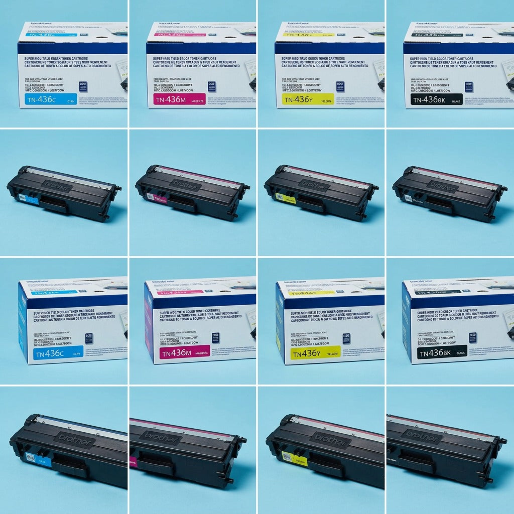 Grid of Brother TN436 series toner cartridges and boxes in cyan, magenta, yellow, and black.