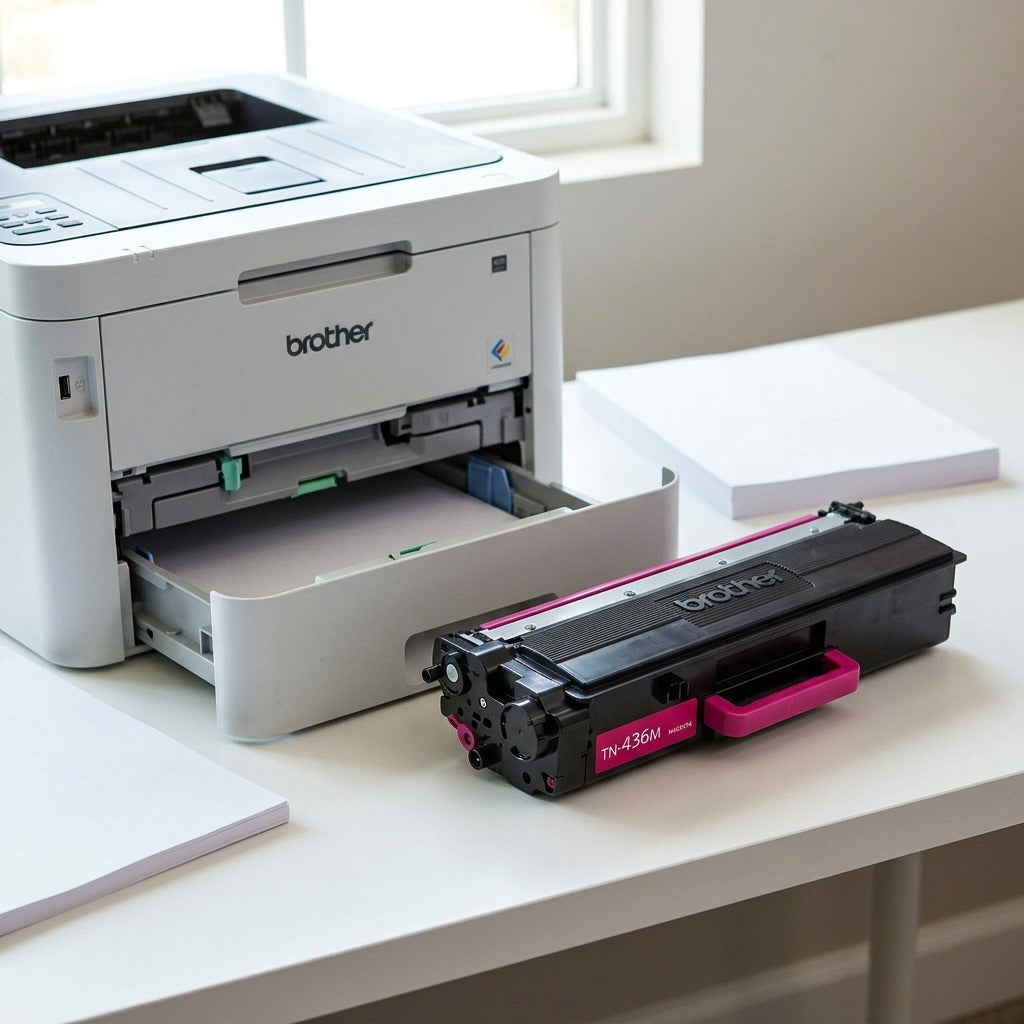 Brother TN436M Magenta toner cartridge on a white desk next to a Brother laser printer.
