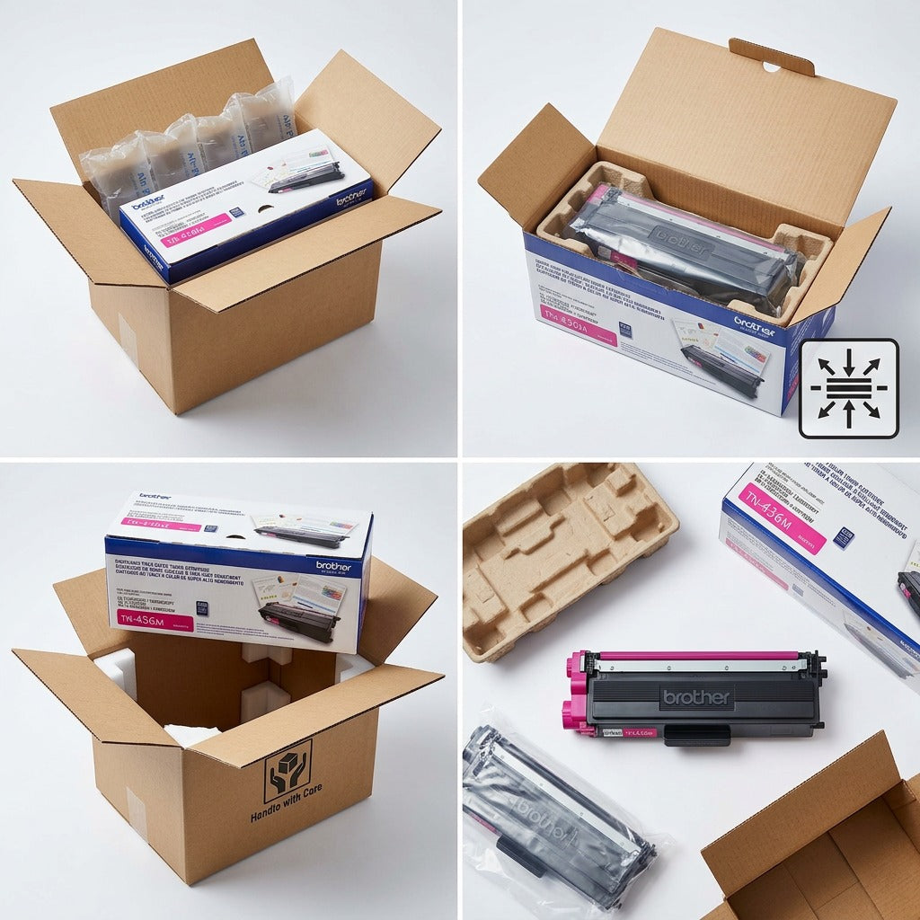 A Brother TN436M Magenta Toner cartridge shown in secure shipping boxes with protective padding.