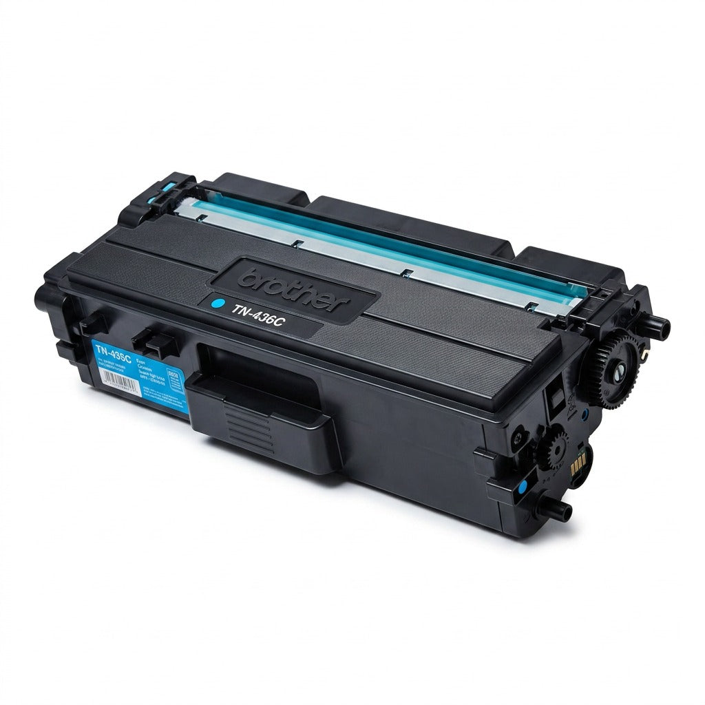 Brother TN436C Super High Yield Cyan Toner Cartridge for laser printers on a white background.