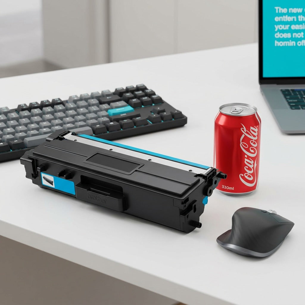 Brother TN436C cyan toner cartridge shown for scale next to a soda can, keyboard, and mouse.