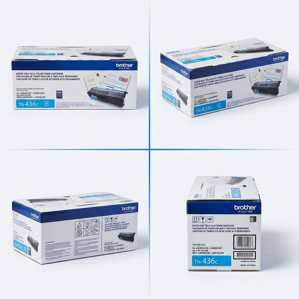 A four-way matrix view of the Brother TN436C Cyan Super High Yield toner box from various angles.
