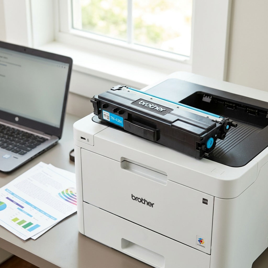 Brother TN436C cyan toner cartridge resting on a white laser printer in a home office setting.