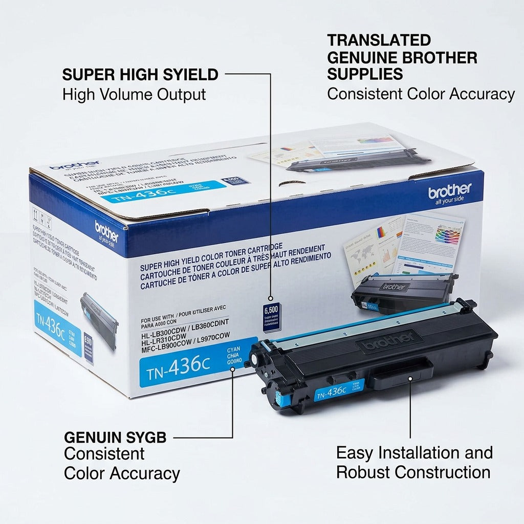 Brother TN-436C Cyan Toner Cartridge and box with feature callouts for 6,500-page super high yield.
