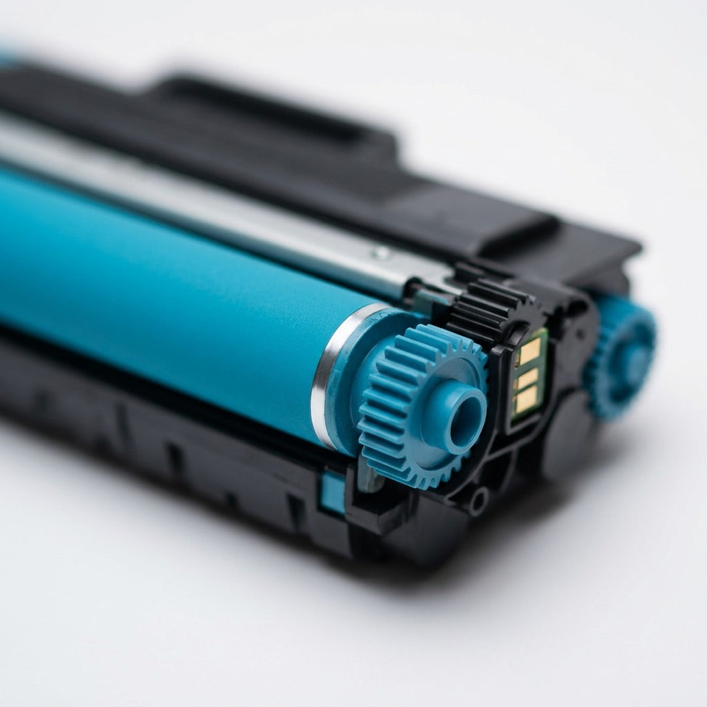 Macro detail of Brother TN436C cyan toner showing roller, plastic gears, and gold contact chip.