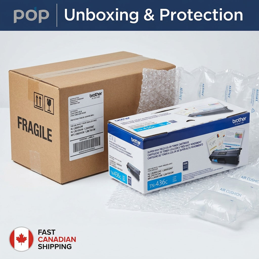 Brother TN436C Cyan Toner box with protective air cushions and cardboard shipping box.