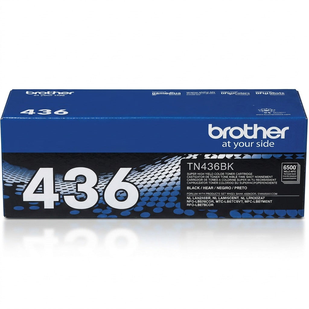 Brother TN436BK Super High Yield Black Toner Cartridge, box front view on a white background.