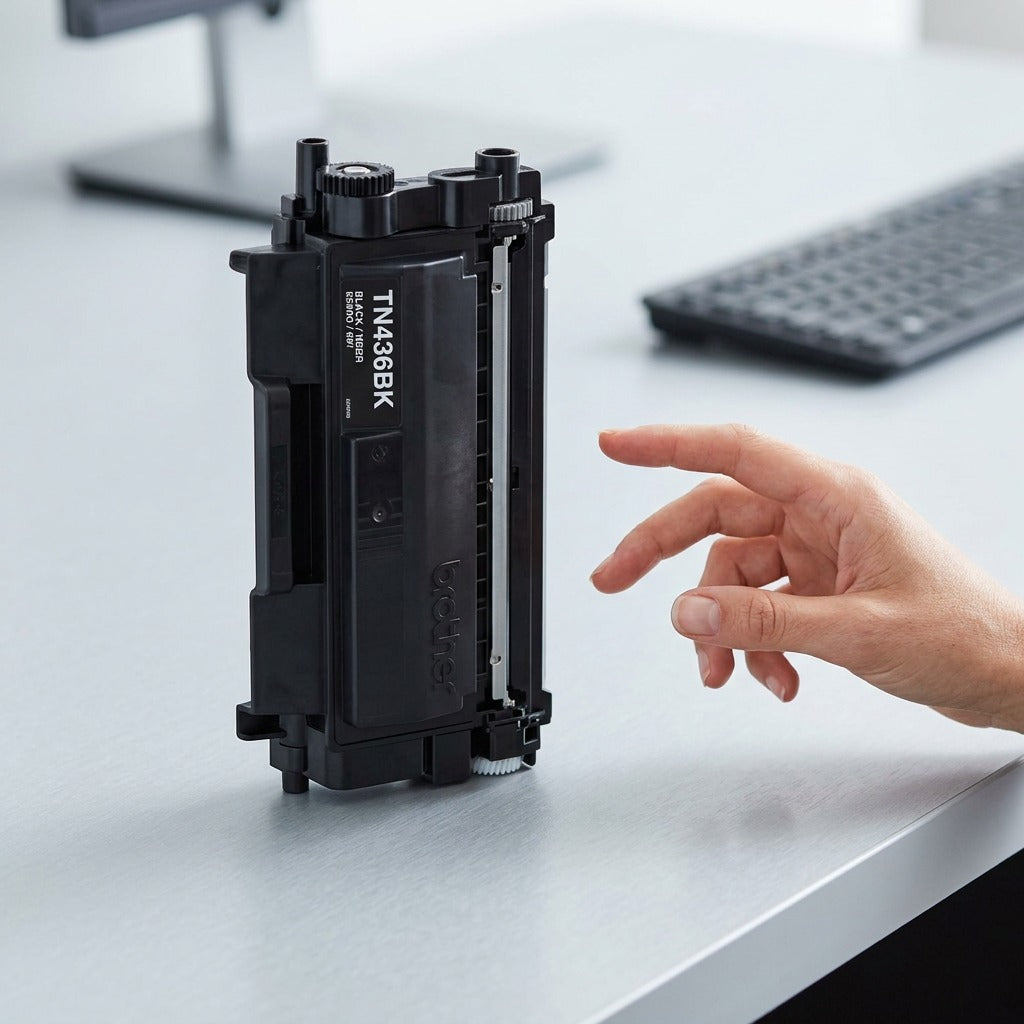 Brother TN436BK black toner cartridge on a desk next to a person's hand for size reference.