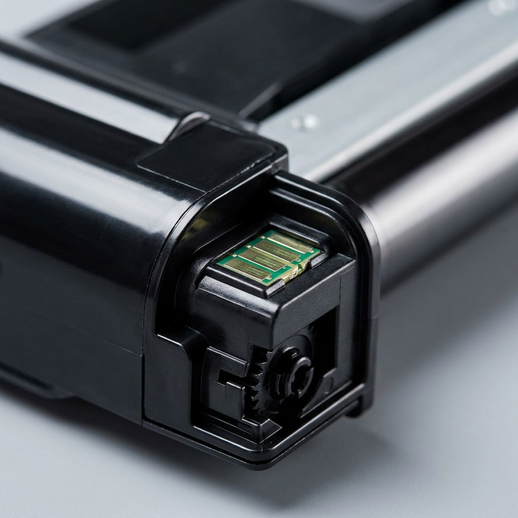 Macro detail of the gold electronic chip contact on a Brother TN436BK black toner cartridge.
