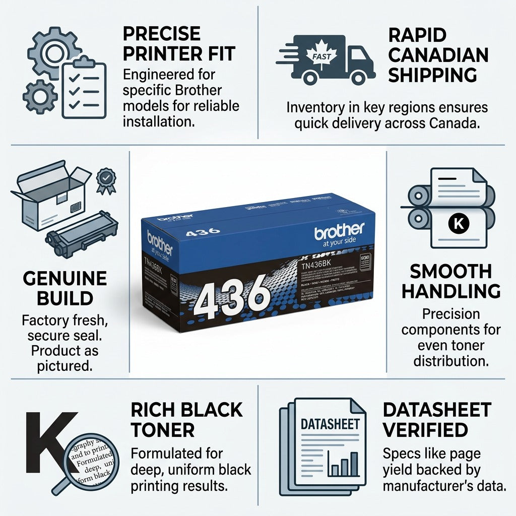 Infographic for Brother TN436BK Black Toner Cartridge highlighting Canadian shipping and genuine build.