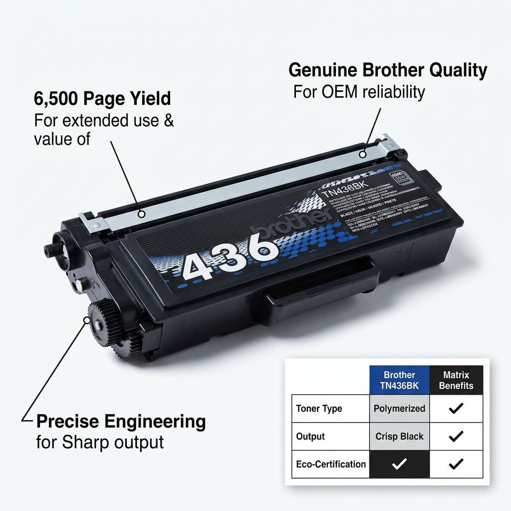 Brother TN436BK black toner cartridge features 6,500 page yield, OEM quality, and crisp output.
