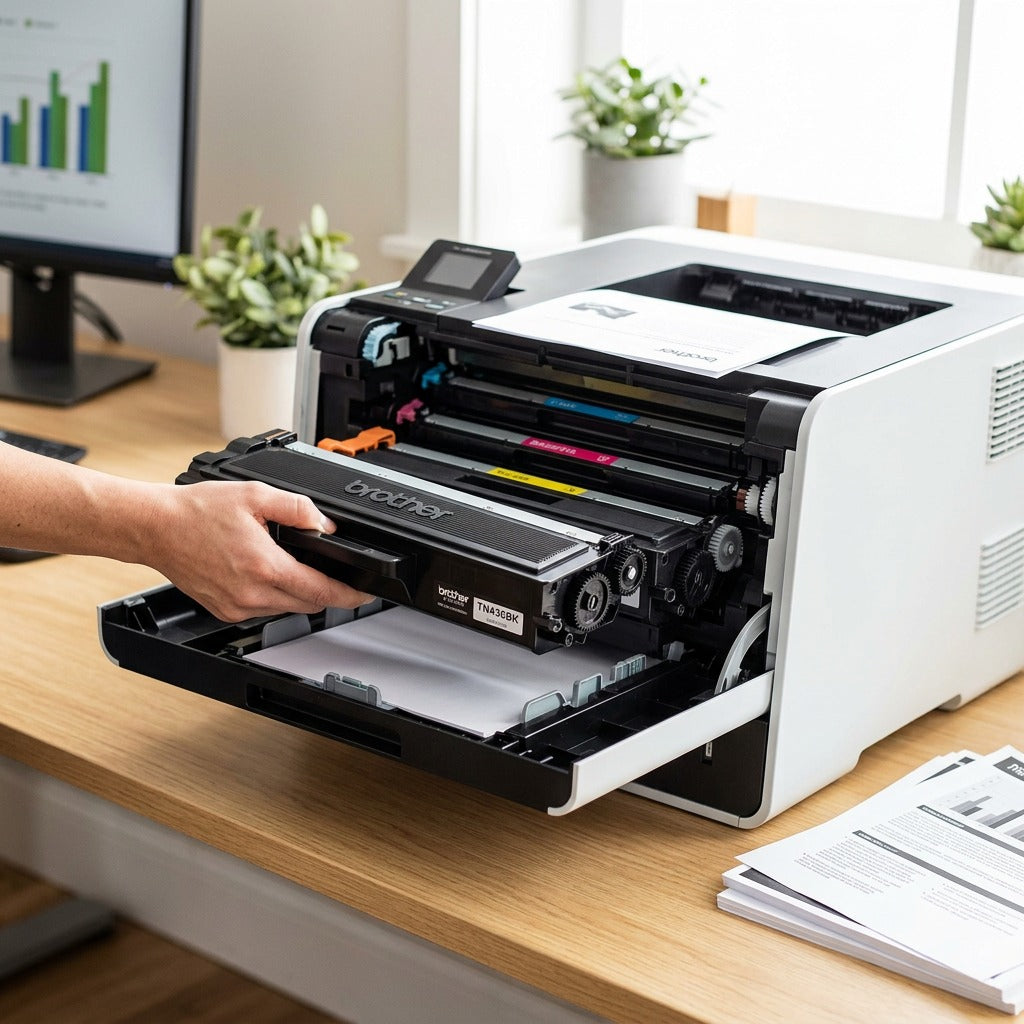 A hand installing a Brother TN436BK black toner cartridge into a white laser printer in an office.