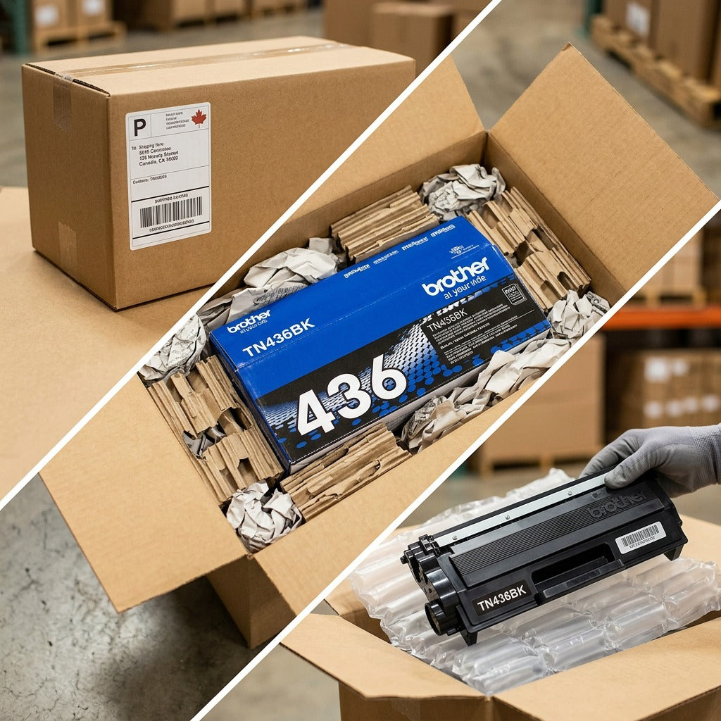 Brother TN436BK toner box and cartridge securely packed in a shipping box with protective dunnage.