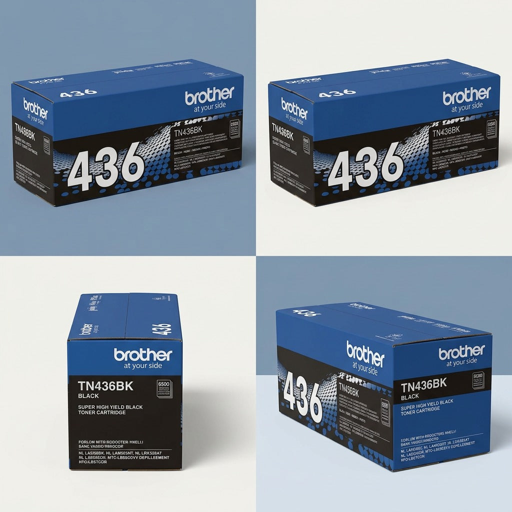 Grid display of the Brother TN436BK Super High Yield Black Toner Cartridge box from four angles.