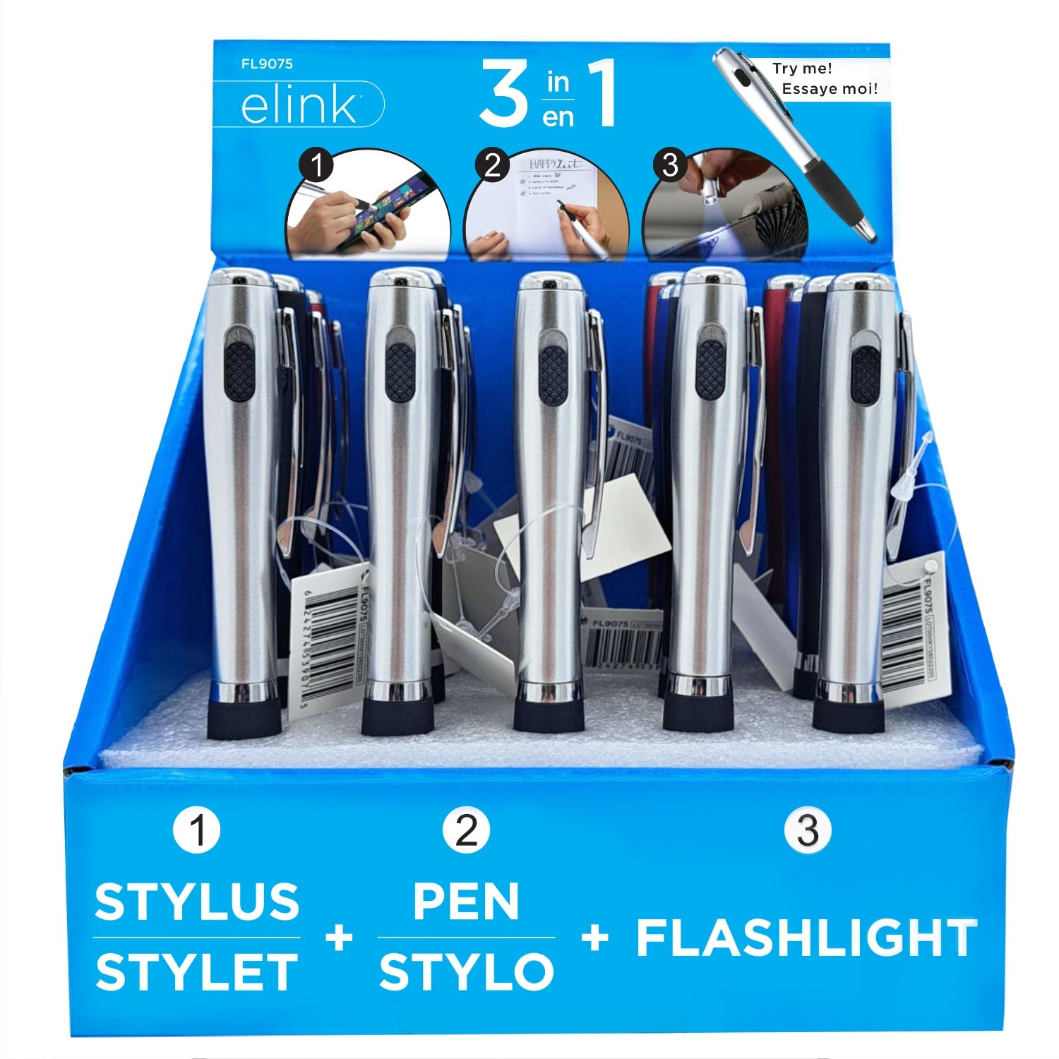 ELINK 3 IN 1 TOUCH AND BALLPOINT PEN; LED FLASHLIGHT 4 ASSTD