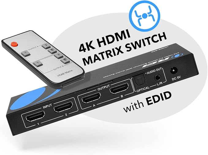 OREI 2x2 HDMI Matrix Switch 4K@60Hz with Audio Extraction, IR Remote, EDID