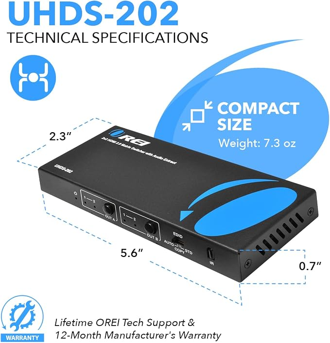 OREI 2x2 HDMI Matrix Switch 4K@60Hz with Audio Extraction, IR Remote, EDID