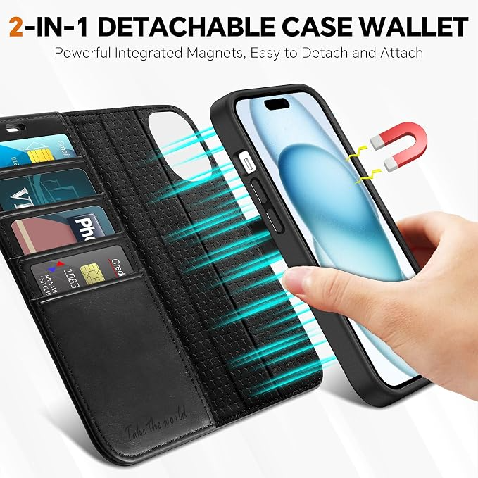 Case Wallet for iPhone 15 5G, PU Leather Magnetic Detachable Shockproof Case Tucch