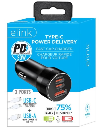 ELINK TYPE-C POWER DELIVERY 30W FAST CAR CHARGER