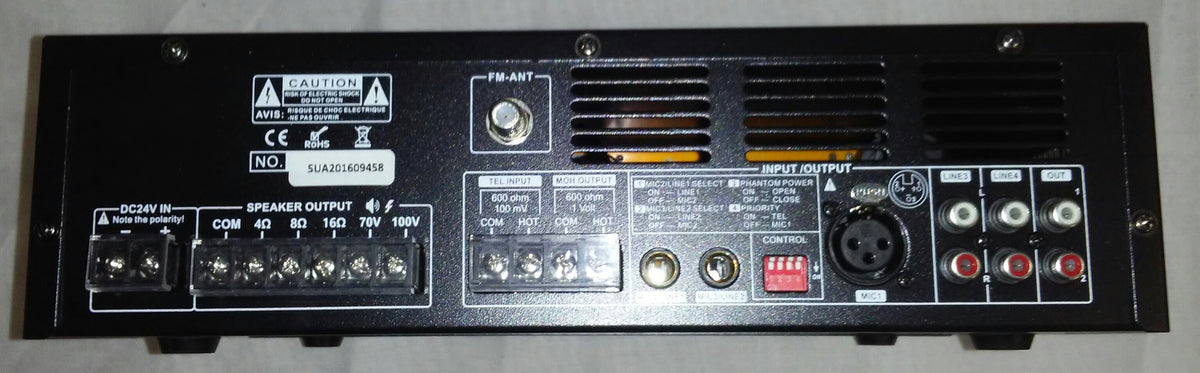 Rear Panel: Houses the barrier-strip speaker terminals (with a protective cover for 70V/100V and low-impedance lines), a 12V–24V DC auxiliary power input block, telephone paging terminals, RCA auxiliary jacks, and microphone line inputs.