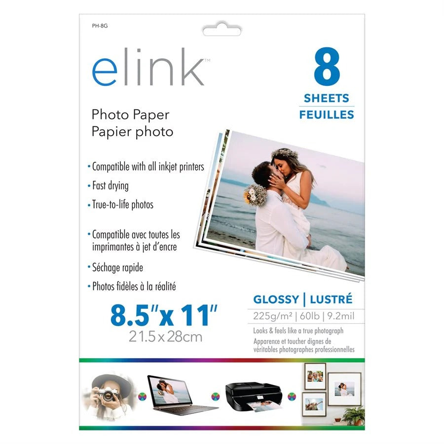 Elink Papier Photo Glacé 8.5 X 11 8 Feuilles Ph 8G